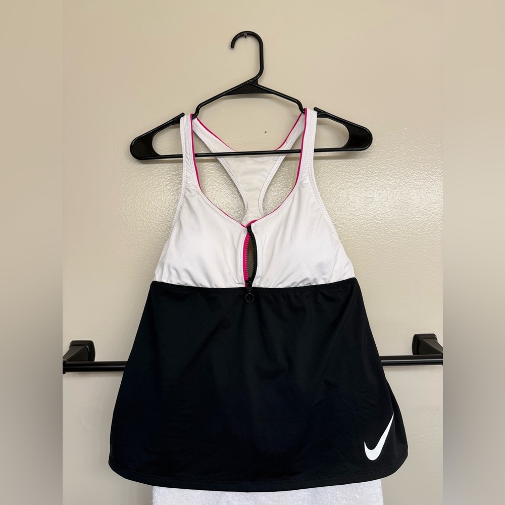 Nike White and Black with Pink Accents and Zipper Tankini Swim Top